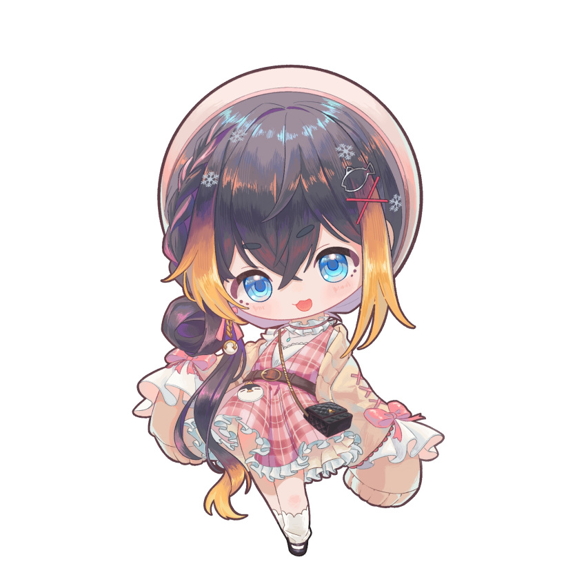 1girl black_hair blonde_hair blue_eyes blush chibi fish_hair_ornament hair_between_eyes hair_ornament highres long_hair looking_at_viewer multicolored_hair nijisanji nijisanji_en official_alternate_costume open_mouth petra_gurin petra_gurin_(3rd_costume) sleeves_past_fingers sleeves_past_wrists snowflake_hair_ornament solo two-tone_hair virtual_youtuber x_hair_ornament yehangchuan9