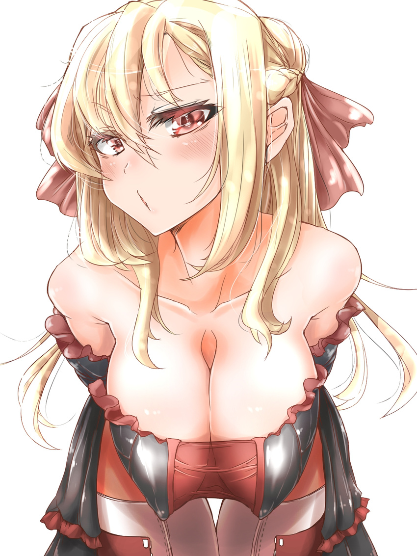 1girl bare_shoulders bent_over blonde_hair blush breasts cleavage collarbone erect_nipples female hair_ornament hair_ribbon highres large_breasts long_breasts long_hair looking_at_viewer original red_eyes ribbon sagging_breasts simple_background solo standing thigh_gap tomako_(tatihitoe) white_background