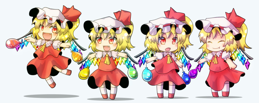 ascot blonde_hair chibi closed_mouth fang fang_out flandre_scarlet four_of_a_kind_(touhou) frilled_sleeves frills full_body happy hat hat_ribbon highres holding medium_hair mob_cap multicolored_wings one_side_up open_mouth puffy_short_sleeves puffy_sleeves red_eyes red_footwear red_ribbon red_skirt red_vest ribbon ribbon-trimmed_headwear ribbon_trim shirt short_sleeves skirt smile socks tomato_chip touhou vest white_background white_hat white_shirt white_socks wings yellow_ascot