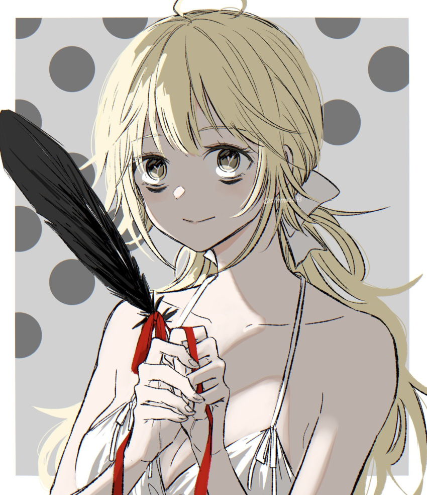 1girl bags_under_eyes bare_shoulders black_feathers blonde_hair breasts brown_eyes choujin_x dress feathers grey_background hair_ribbon halterneck highres holding holding_feather long_hair medium_breasts polka_dot polka_dot_background red_ribbon ribbon rokuen_skd shishinegura_palma smile solo string string_of_fate symbol-shaped_pupils twitter_username white_dress white_ribbon