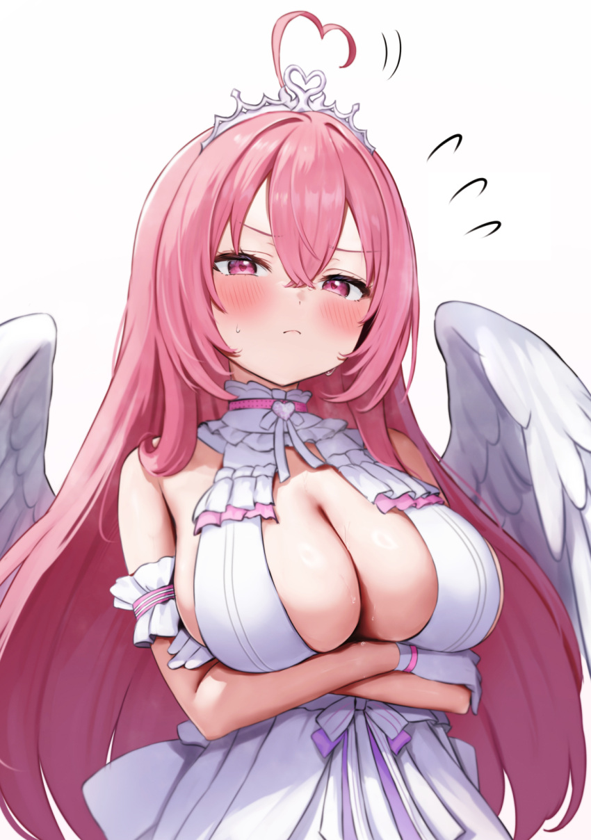 1girl ahoge angel_wings aogiri_koukou arm_under_breasts armband bare_shoulders blush breasts choker cleavage closed_mouth collar crossed_arms dress feathered_wings flying_sweatdrops frilled_armband frilled_dress frills frown gabu_rielu gloves hair_between_eyes hashtag-only_commentary heart heart_ahoge highres huge_breasts long_hair looking_at_viewer mochitsuki_karen pink_choker pink_eyes pink_hair purple_ribbon ribbon simple_background solo striped_ribbon sweat tiara virtual_youtuber white_armband white_background white_collar white_dress white_gloves white_ribbon white_tiara white_wings wings