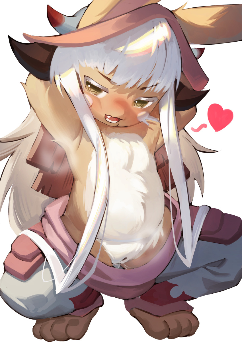 1girl absurdres animal_ears arms_up blush body_fur brown_fur cleft_of_venus clothes_pull furry furry_female heart highres long_hair made_in_abyss nanachi_(made_in_abyss) open_mouth pants pants_pull pussy pussy_juice simple_background solo spread_legs squatting tan_liao white_background white_hair