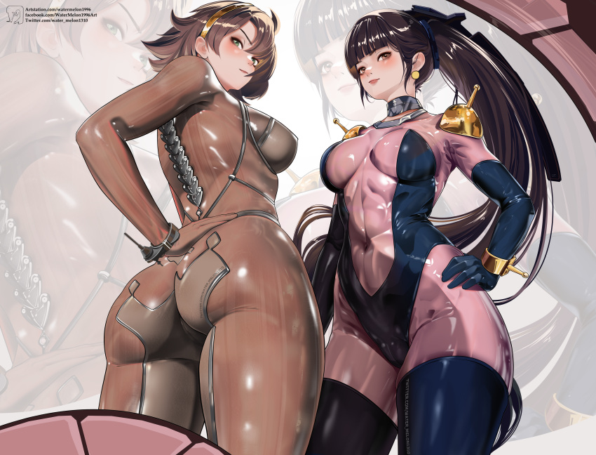 2girls absurdres ass black_hair bodysuit breasts brown_bodysuit brown_hair cosplay crossover english_commentary eve_(stellar_blade) eve_(stellar_blade)_(cosplay) g_gundam gundam highres mechanical_spine mobile_trace_suit multiple_girls pilot_suit ponytail rain_mikamura rain_mikamura_(cosplay) short_hair skin_suit_(stellar_blade) skin_tight standing stellar_blade two-tone_bodysuit watermelonsfw