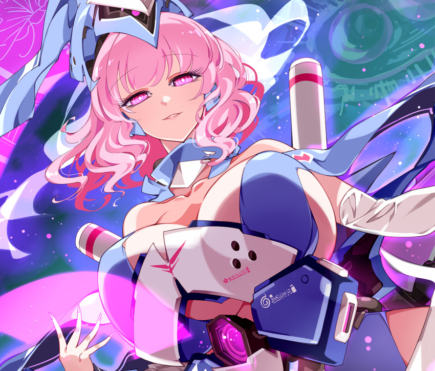 1girl breasts bug butterfly cannon cherry_blossoms cleavage ghost headgear highres hitodama large_breasts looking_at_viewer mecha_musume mechanical_wings pink_eyes pink_hair raptor7 saigyouji_yuyuko saigyouji_yuyuko's_fan_design science_fiction short_hair smile solo thrusters touhou triangular_headpiece wavy_hair wings