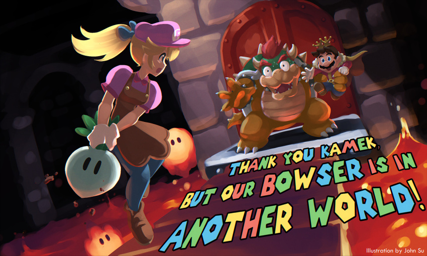 apron blonde_hair blue_pants bowser brown_apron cape cosplay costume_switch crown hat highres john_su lava long_hair mario mario_(series) pants pink_hat pink_shirt ponytail princess_peach role_reversal shirt super_mario_bros._1 surprised turnip_(mario) wide-eyed