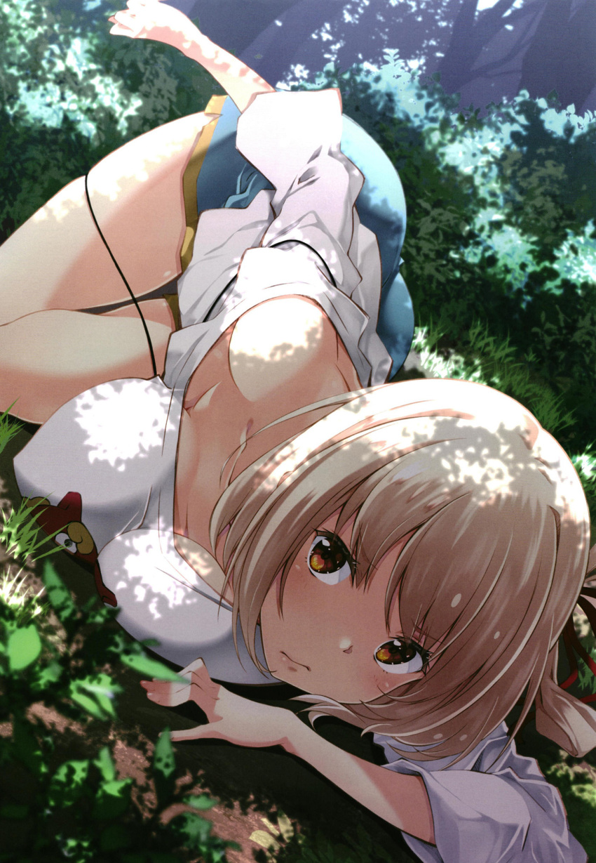 1girl ass blonde_hair blue_shorts blush breasts cleavage closed_mouth highres izumi_mahiru large_breasts looking_at_viewer lycoris_recoil nishikigi_chisato non-web_source orange_eyes outdoors shirt short_hair shorts solo white_shirt