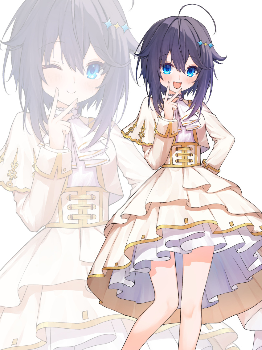 1girl absurdres ahoge ascot blue_eyes blush capelet dress feet_out_of_frame hand_on_own_hip highres kutar22 long_sleeves looking_at_viewer medium_hair nijisanji one_eye_closed open_mouth petticoat purple_hair smile solo sorahoshi_kirame sparkle_hair_ornament underbust v_over_mouth virtual_youtuber white_ascot white_background zoom_layer