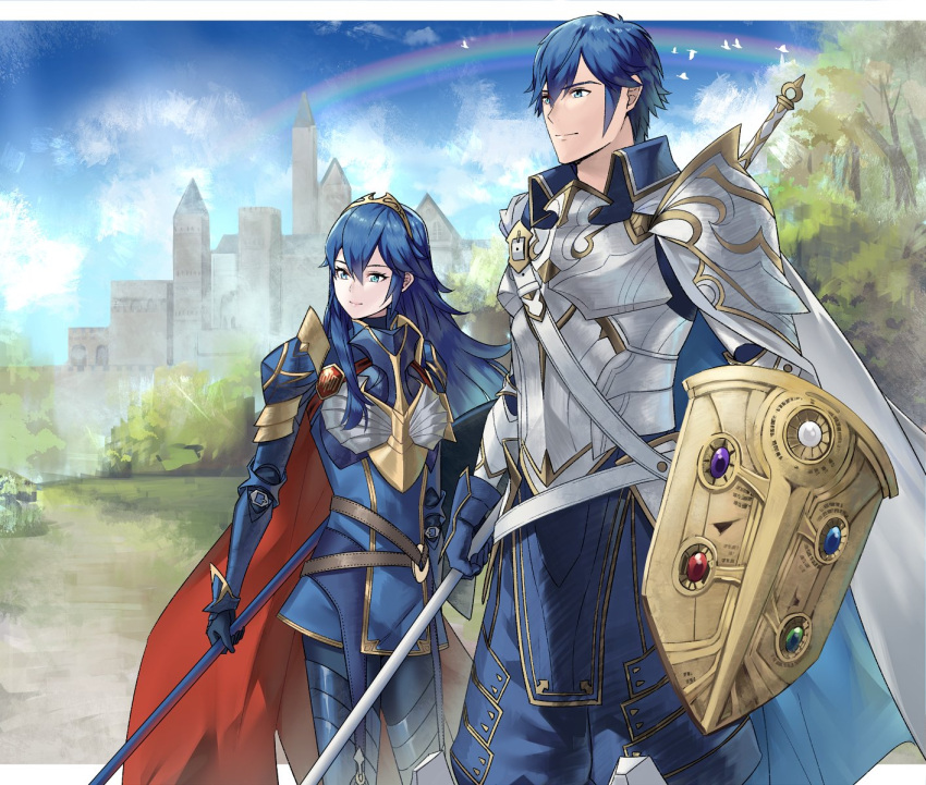 1boy 1girl ameno_(a_meno0) armor blue_cape blue_eyes blue_gloves blue_hair brand_of_the_exalt breastplate cape castle chrom_(fire_emblem) closed_mouth father_and_daughter fire_emblem fire_emblem_awakening fire_emblem_heroes gloves hair_between_eyes highres holding holding_polearm holding_shield holding_weapon lance long_hair long_sleeves lucina_(brave_princess)_(fire_emblem) lucina_(fire_emblem) official_alternate_costume outdoors polearm rainbow red_cape shield short_hair shoulder_armor smile symbol_in_eye tiara two-tone_cape weapon white_cape