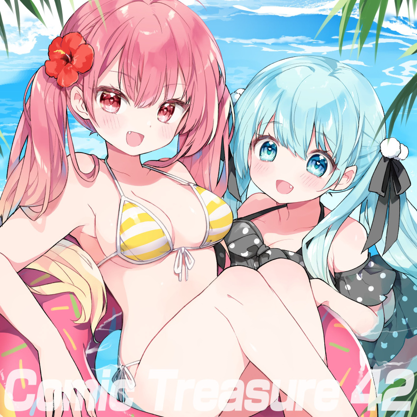 2girls absurdres afloat aqua_eyes aqua_hair bikini black_bikini black_ribbon breasts cover cover_page dot_nose fang flower hair_flower hair_ornament hair_ribbon halterneck highres innertube kamiyoshi_rika long_hair looking_at_viewer medium_breasts multiple_girls no_nose ocean open_mouth original pink_eyes pink_hair polka_dot polka_dot_bikini pom_pom_(clothes) ribbon second-party_source sitting smile string_bikini striped_bikini striped_clothes swim_ring swimsuit twintails