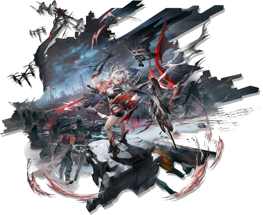 1boy 2girls antennae arknights bare_legs black_footwear black_shirt black_shorts boots crop_top full_body grey_hair highres hoederer_(arknights) horns ines_(arknights) jacket liduke long_sleeves looking_at_viewer midriff multiple_girls navel official_art orange_eyes red_jacket shirt short_hair short_shorts shorts smile standing stomach thighs transparent_background w_(arknights) wis'adel_(arknights)