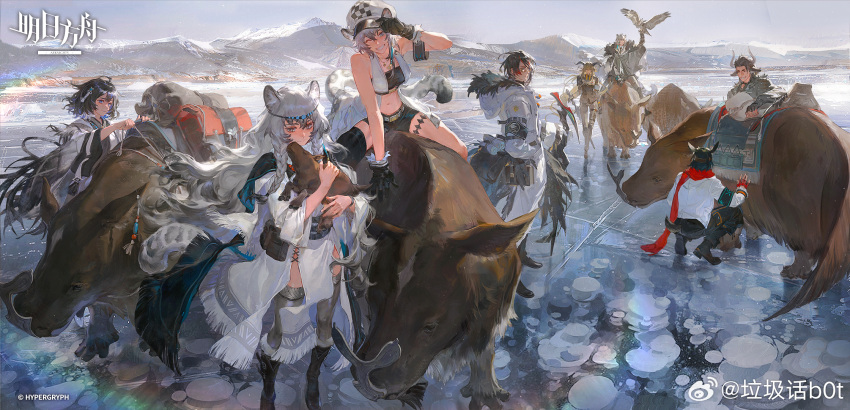 4boys 4girls ahoge animal animal_ears arknights arm_support armband bag bird black_gloves black_hair black_shorts blue_eyes boots braid cabbie_hat character_request chinese_commentary cliffheart_(arknights) coat commentary_request copyright_name courier_(arknights) cow_boy cow_ears cow_horns creamyghost cropped_shirt deer_boy deer_ears degenbrecher_(arknights) fingerless_gloves frozen fur-trimmed_coat fur_trim glasses gloves gnosis_(arknights) goat_ears goat_girl goat_horns grin hair_ornament hat highres holding holding_animal holding_weapon hood hooded_coat horns ice jacket kjera_(arknights) landscape leopard_boy leopard_ears leopard_girl long_hair looking_at_viewer matterhorn_(arknights) military_jacket mountain mountainous_horizon multicolored_hair multiple_boys multiple_girls necktie official_art one_eye_closed orange_shirt outdoors pants pelvic_curtain planted planted_sword pramanix_(arknights) red_scarf riding riding_animal scarf scenery shirt short_hair shorts silverash_(arknights) sitting sitting_on_animal sky smile snow_leopard_boy snow_leopard_ears snow_leopard_girl squatting standing strapless streaked_hair sword tail tassel tassel_hair_ornament tenzin_(arknights) thighhighs tiara tube_top twin_braids tying very_long_hair weapon white_coat wide_sleeves