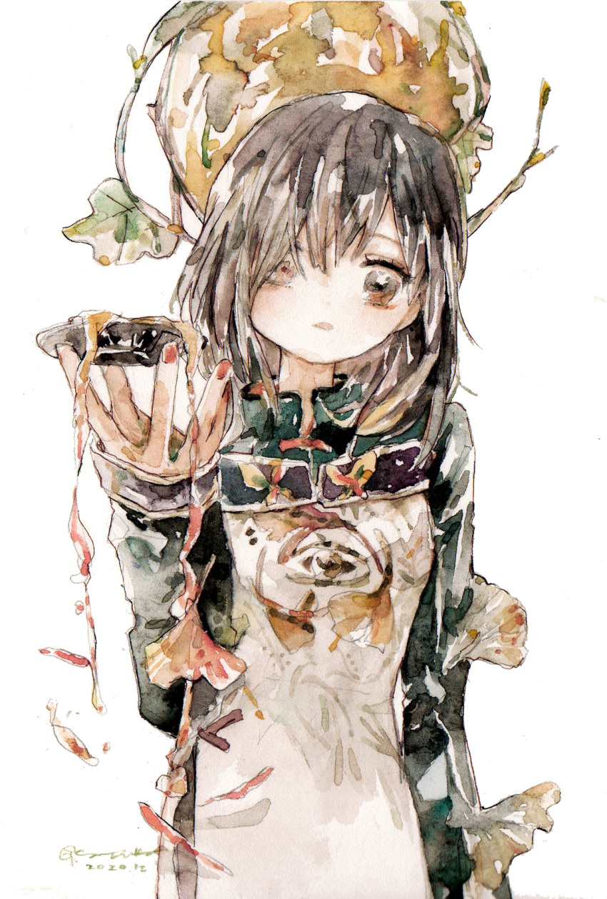 1girl black_hair brown_eyes cowboy_shot ginkgo_leaf green_shirt highres kazuka leaf long_hair long_sleeves looking_at_viewer original painting_(medium) red_nails shirt solo traditional_media watercolor_(medium) white_background