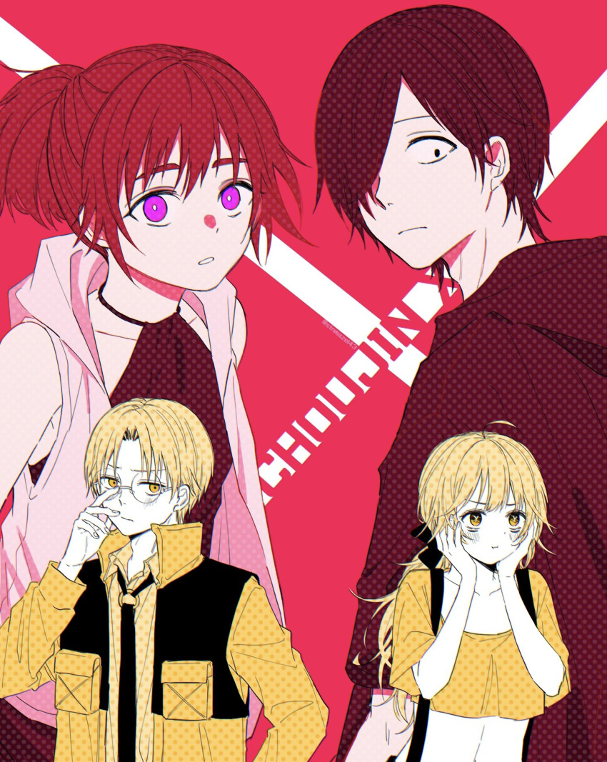 2boys 2girls black_hair black_hoodie blush brown_hair choujin_x collared_jacket collared_shirt copyright_name glasses hair_over_one_eye hair_ribbon higashi_azuma_(choujin_x) highres hood hoodie jacket kurohara_tokio_(choujin_x) long_hair multiple_boys multiple_girls necktie otta_ely_(choujin_x) purple_eyes ribbon rokuen_skd shirt shishinegura_palma sleeveless sleeveless_hoodie symbol-shaped_pupils tank_top x yellow_eyes yellow_jacket yellow_tank_top