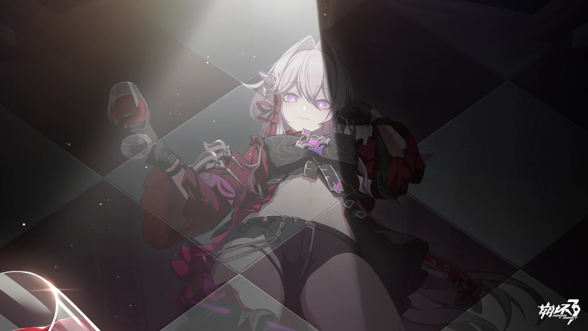 1girl alcohol black_gloves black_shorts closed_mouth copyright_name cup gloves grey_hair hair_between_eyes highres holding holding_cup honkai_(series) honkai_impact_3rd logo long_hair official_art purple_eyes reflection reflective_floor second-party_source shorts thelema_(honkai_impact) wine