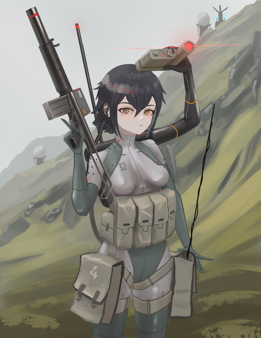 1girl absurdres android assault_rifle black_hair bodysuit breasts earpiece folding_stock gun h&amp;k_mp5sd highres holding holding_gun holding_weapon klottinen load_bearing_vest looking_at_viewer magazine_(weapon) multicolored_hair optical_sight original pouch rifle short_hair skin_tight small_breasts solo strap streaked_hair submachine_gun suppressor thigh_pouch thigh_strap trigger_discipline two-tone_bodysuit weapon yellow_eyes