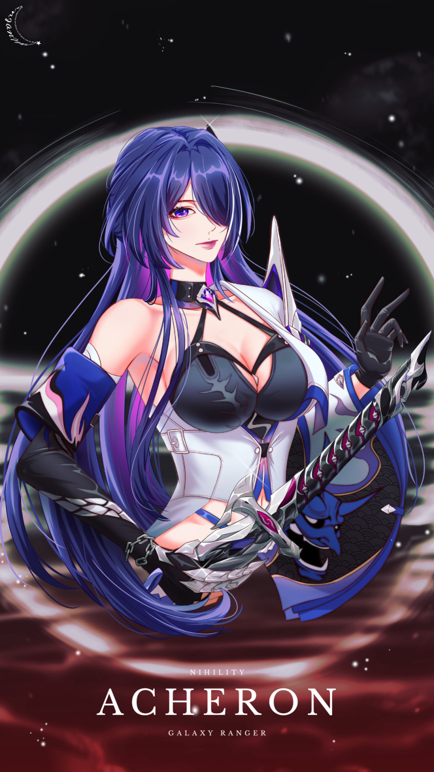 1girl acheron_(honkai:_star_rail) anjanime artist_name bandaged_arm bandages black_choker black_gloves black_hole breasts chain chain_around_arm character_name choker cleavage closed_mouth coat criss-cross_halter detached_sleeves english_text gloves hair_ornament hair_over_one_eye halterneck highres holding holding_sword holding_weapon honkai:_star_rail honkai_(series) katana large_breasts long_hair midriff navel pink_lips purple_eyes purple_hair scabbard sheath sheathed single_bare_shoulder single_detached_sleeve solo sword upper_body very_long_hair weapon white_coat