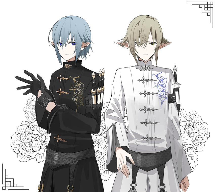 2boys black_gloves black_jacket blue_eyes blue_hair brown_eyes brown_hair chihuri closed_mouth commentary_request ear_piercing final_fantasy final_fantasy_xiv floral_background glove_pull gloves hair_over_one_eye half_gloves haurchefant_greystone highres jacket long_sleeves male_focus multiple_boys piercing pointy_ears simple_background smile standing white_background white_jacket wide_sleeves zephirin_de_valhourdin