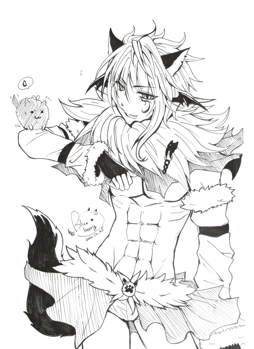 1boy :3 :p abs absurdres animal_ears animal_on_arm commentary_request contrapposto cowboy_shot ear_wings fingerless_gloves fur_collar gloves greyscale hair_between_eyes highres lanmei_jiang long_bangs looking_at_viewer male_focus monochrome muscular muscular_male navel no_nipples open_mouth pants pectorals ragnarok_online shadow_chaser_(ragnarok_online) short_hair shrug_(clothing) simple_background smile solo tail tongue tongue_out waist_cape white_background wolf wolf_boy wolf_ears wolf_tail