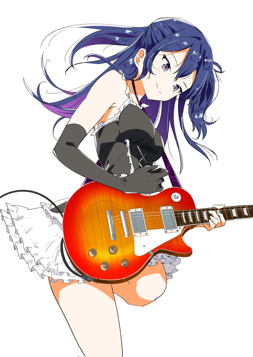 1girl black_dress black_gloves blue_eyes blue_hair blush breasts closed_mouth commentary dress elbow_gloves english_commentary enshu_suruga floating_hair gloves guitar highres holding holding_guitar holding_instrument holding_plectrum instrument izumi_shiho long_hair medium_breasts mixed-language_commentary one_side_up playing_guitar plectrum sasayaku_you_ni_koi_wo_utau simple_background sleeveless sleeveless_dress smile solo standing standing_on_one_leg white_background