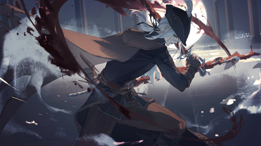 1girl belt blood blood_on_clothes blood_stain bloodborne blue_eyes brown_belt brown_cape brown_gloves cape double-blade fighting_stance geranbb gloves hair_ribbon hat hat_feather highres lady_maria_of_the_astral_clocktower long_hair low-tied_long_hair moon outdoors pants pillar rakuyo_(bloodborne) ribbon sidelocks solo tricorne white_hair