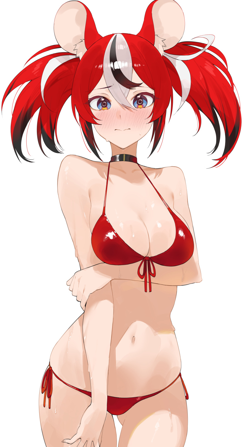 1girl absurdres animal_ear_fluff animal_ears arm_under_breasts bare_arms bare_shoulders bikini blue_eyes blush bra breasts byeon_dha choker embarrassed front-tie_top hair_between_eyes hakos_baelz highres holding_own_arm hololive hololive_english large_breasts long_hair looking_at_viewer mouse_ears multicolored_hair navel red_bikini red_hair side-tie_bikini_bottom simple_background solo standing stomach sweat sweatdrop swimsuit thighs twintails two-tone_eyes underwear upper_body white_background
