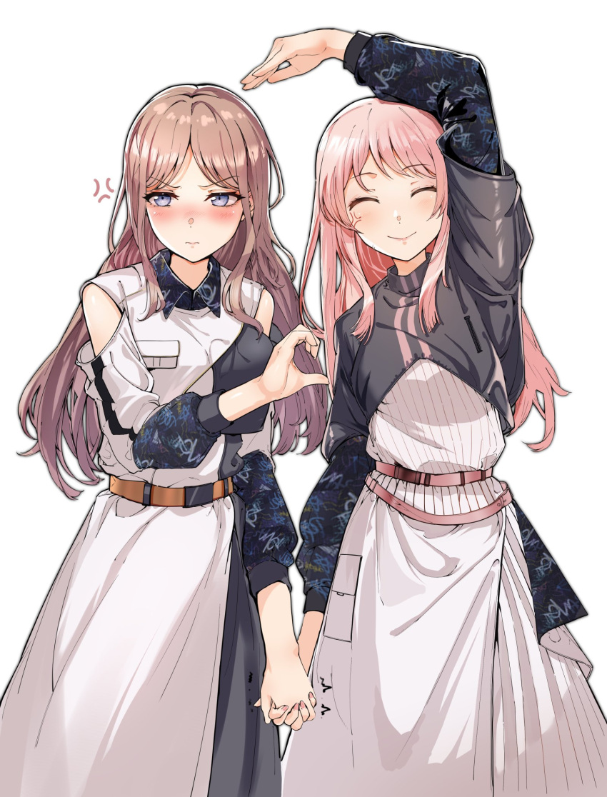 2girls anger_vein bang_dream! bang_dream!_it's_mygo!!!!! belt black_jacket blue_eyes blush brown_hair chihaya_anon closed_eyes closed_mouth clothing_cutout dress feet_out_of_frame heart_arms_failure heart_hands_failure highres holding_hands ina_(ani_ina) interlocked_fingers jacket long_hair long_sleeves multiple_girls nagasaki_soyo pink_hair shoulder_cutout simple_background smile white_background white_dress yuri