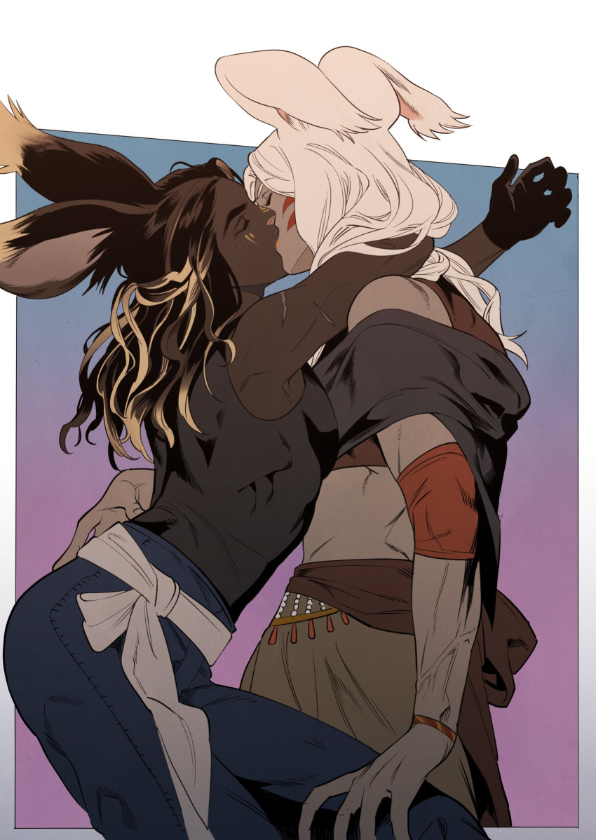 1boy 1girl 5altybitter5 animal_ears black_gloves black_shirt blue_pants brown_hair closed_eyes dark-skinned_female dark_skin facial_mark final_fantasy final_fantasy_xiv gloves gradient_background highres hug kiss lop_rabbit_ears multicolored_hair muscular muscular_female pants rabbit_ears scar shirt sleeveless sleeveless_shirt streaked_hair viera warrior_of_light_(ff14) whisker_markings white_hair