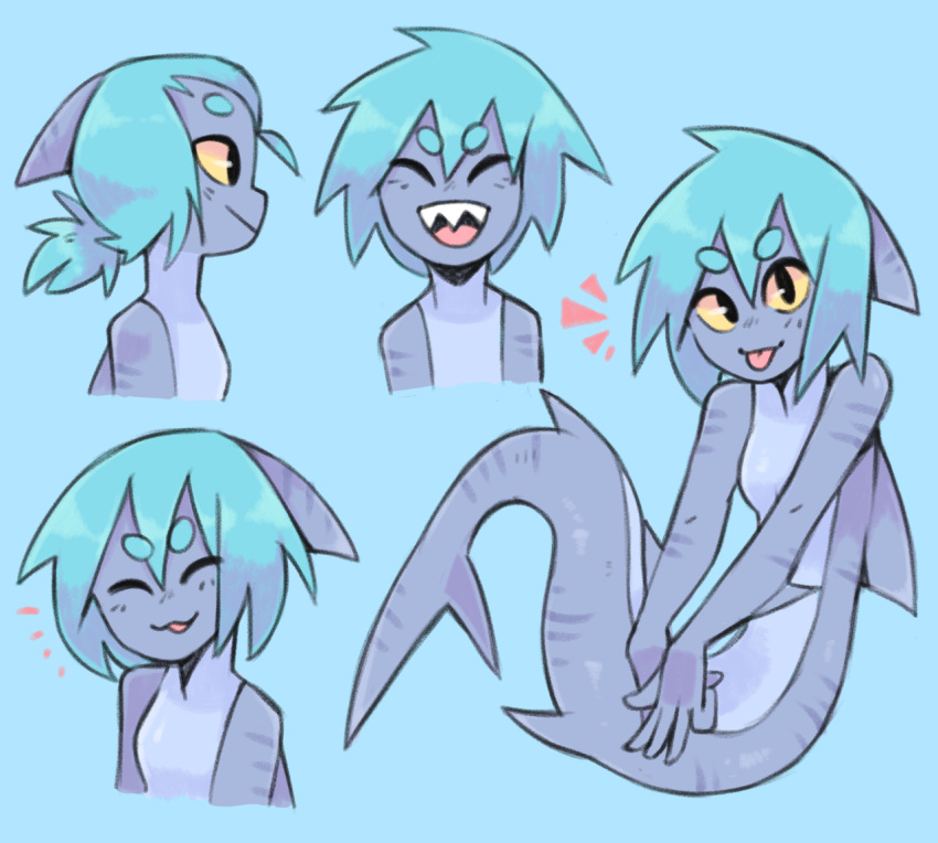 2019 :3 ankle_fin anthro black_eyes black_stripes blep blue_background blue_hair breasts colored dorsal_fin eyebrows eyes_closed featureless_breasts female fin fish graskip grey_body hair happy head_fin looking_at_viewer marine merfolk multicolored_body multiple_expressions noseless open_mouth ponytail shaded shark sharp_teeth side_view simple_background smile solo split_form striped_body stripes tail tail_fin teeth tied_hair tongue tongue_out two_tone_body white_body yellow_sclera