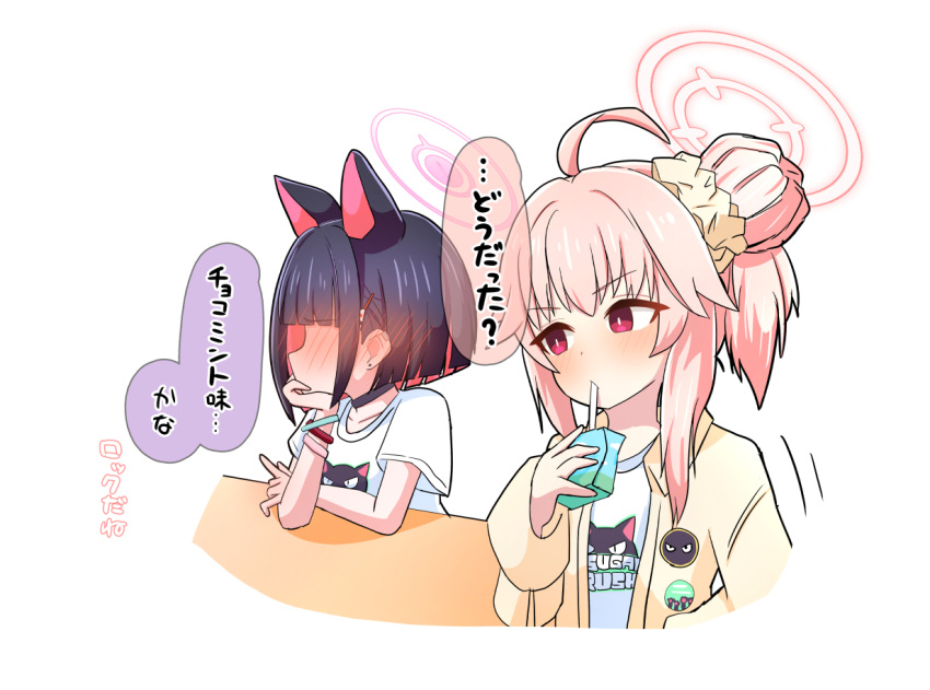 2girls ahoge animal_ears black_choker black_hair blue_archive blush cat_ears choker colored_inner_hair drinking drinking_straw hair_bun hair_ornament hair_scrunchie hairclip halo head_rest holding_carton jacket kazusa_(band)_(blue_archive) kazusa_(blue_archive) long_sleeves multicolored_hair multiple_girls natsu_(band)_(blue_archive) natsu_(blue_archive) open_clothes open_jacket pink_hair pink_halo red_eyes scrunchie shirt short_hair short_sleeves simple_background single_side_bun speech_bubble t-shirt translation_request white_background white_shirt whitelily_toast yellow_jacket