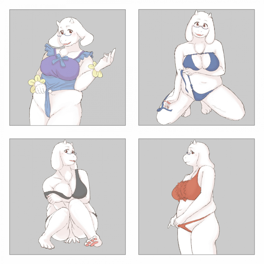 1:1 2023 4_toes anthro bikini black_bikini black_clothing black_swimwear blue_bikini blue_clothing blue_swimwear boss_monster_(undertale) bovid breasts caprine chest_tuft clothing clothing_pull eyewear feet female fur glasses goat hi_res kneeling komm64 looking_at_viewer mammal one-piece_swimsuit pawpads pose red_bikini red_clothing red_eyes red_swimwear solo swimwear swimwear_pull toes toriel tuft undertale_(series) white_body white_fur