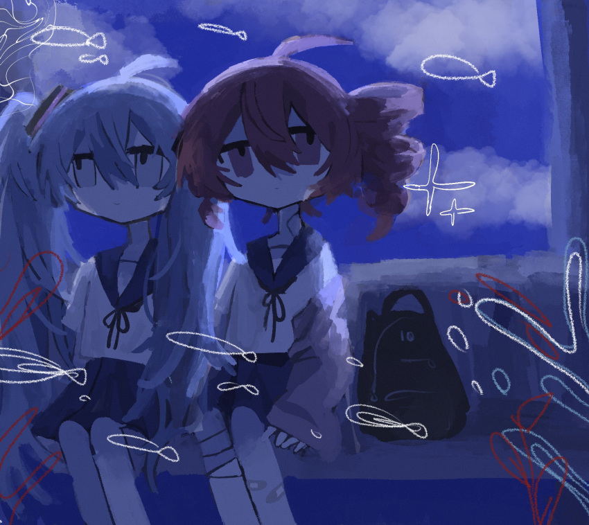 2girls ahoge alternate_costume backpack bag bandaged_leg bandages bandaid bandaid_on_leg blue_eyes blue_hair blue_sailor_collar blue_skirt closed_mouth drill_hair feet_out_of_frame fish hair_between_eyes hashtag-only_commentary hatsune_miku highres kasane_teto long_hair long_sleeves multiple_girls reaf_(reafchin_808) red_eyes red_hair sailor_collar school_uniform serafuku sitting skirt twin_drills twintails underwater unworn_backpack unworn_bag utau vocaloid