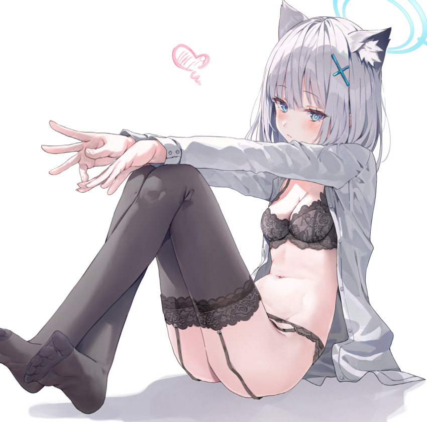 1girl animal_ear_fluff animal_ears black_bra black_thighhighs blue_archive blue_eyes blue_halo blush bra breasts cleavage closed_mouth cross cross_hair_ornament extra_ears garter_belt garter_straps grey_hair hair_ornament halo highres huwari_(dnwls3010) inverted_cross lace lace_bra looking_at_viewer medium_breasts medium_hair mismatched_pupils navel no_shoes open_clothes open_shirt shiroko_(blue_archive) shirt simple_background sitting solo thighhighs unbuttoned unbuttoned_shirt underwear white_background white_shirt wolf_ears