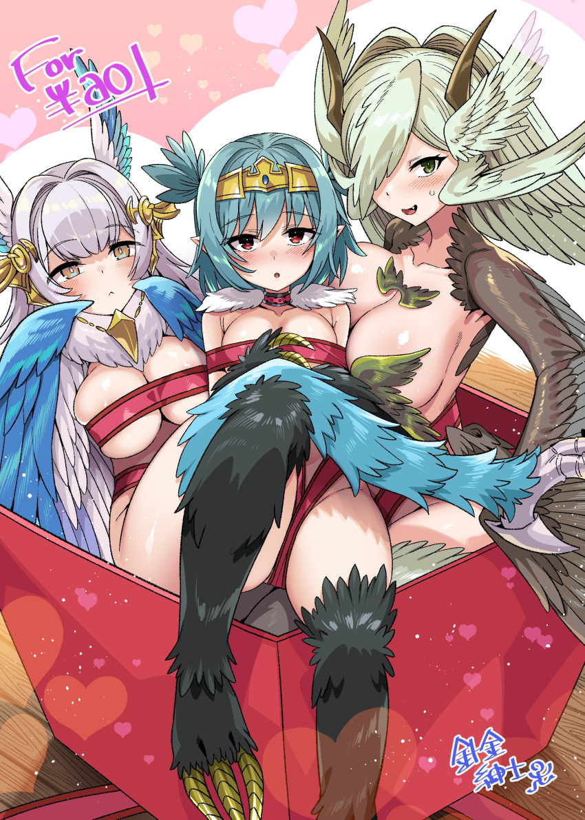 3girls absurdres ancient_world_harpy_(granblue_fantasy) bird_legs black_feathers black_wings blue_feathers blush bound breasts commission elil_(granblue_fantasy) feathered_wings feathers granblue_fantasy green_eyes green_feathers green_hair hair_between_eyes hair_intakes hair_over_one_eye harigane_shinshi harpy head_wings highres horns indie_virtual_youtuber large_breasts lincoro long_hair looking_at_viewer monster_girl multiple_girls open_mouth pointy_ears red_eyes red_ribbon ribbon ribbon_bondage short_hair short_twintails skeb_commission small_breasts talons tiara twintails virtual_youtuber white_hair white_wings winged_arms wings