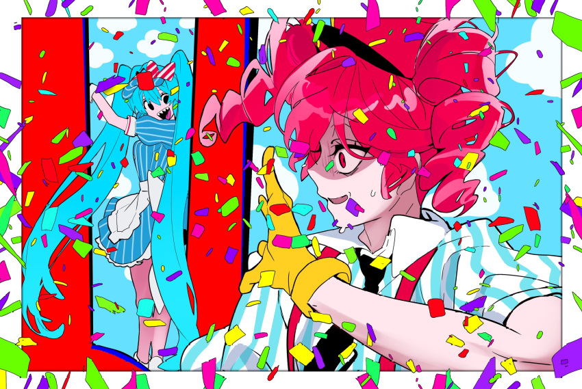 2girls black_eyes black_necktie blue_dress blue_hair collared_shirt confetti dress drill_hair false_smile gloves hatsune_miku highres kasane_teto long_hair mesmerizer_(vocaloid) multiple_girls necktie open_mouth pink_eyes pink_hair pinstripe_dress pinstripe_pattern puffy_short_sleeves puffy_sleeves scared shaded_face shirt short_sleeves smile suspenders sweat twin_drills twintails utau very_long_hair visor_cap vocaloid waitress x_y1h yellow_gloves