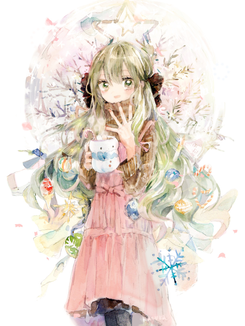 1girl black_bow bow brown_sweater candy candy_cane cup dress food green_eyes green_hair hair_bow highres kazuka long_hair long_sleeves medium_dress mug original painting_(medium) pink_dress solo steam sweater traditional_media turtleneck turtleneck_sweater watercolor_(medium)