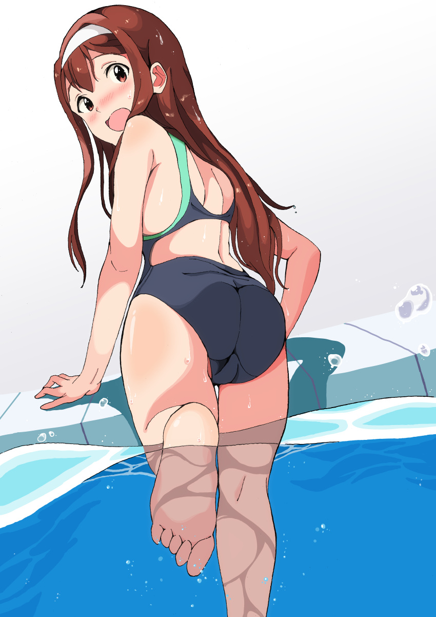 1girl absurdres arm_support ass back back_cutout bare_shoulders black_one-piece_swimsuit blush brown_eyes brown_hair butsuzou_(snur2022) clothing_cutout from_behind hairband highres idolmaster idolmaster_million_live! idolmaster_million_live!_theater_days kneepits leg_up long_hair looking_at_viewer looking_back one-piece_swimsuit open_mouth pool poolside shadow shy sidelocks soles solo splashing standing standing_on_one_leg swimsuit tanaka_kotoha wading wet wet_clothes wet_hair wet_swimsuit white_background white_hairband