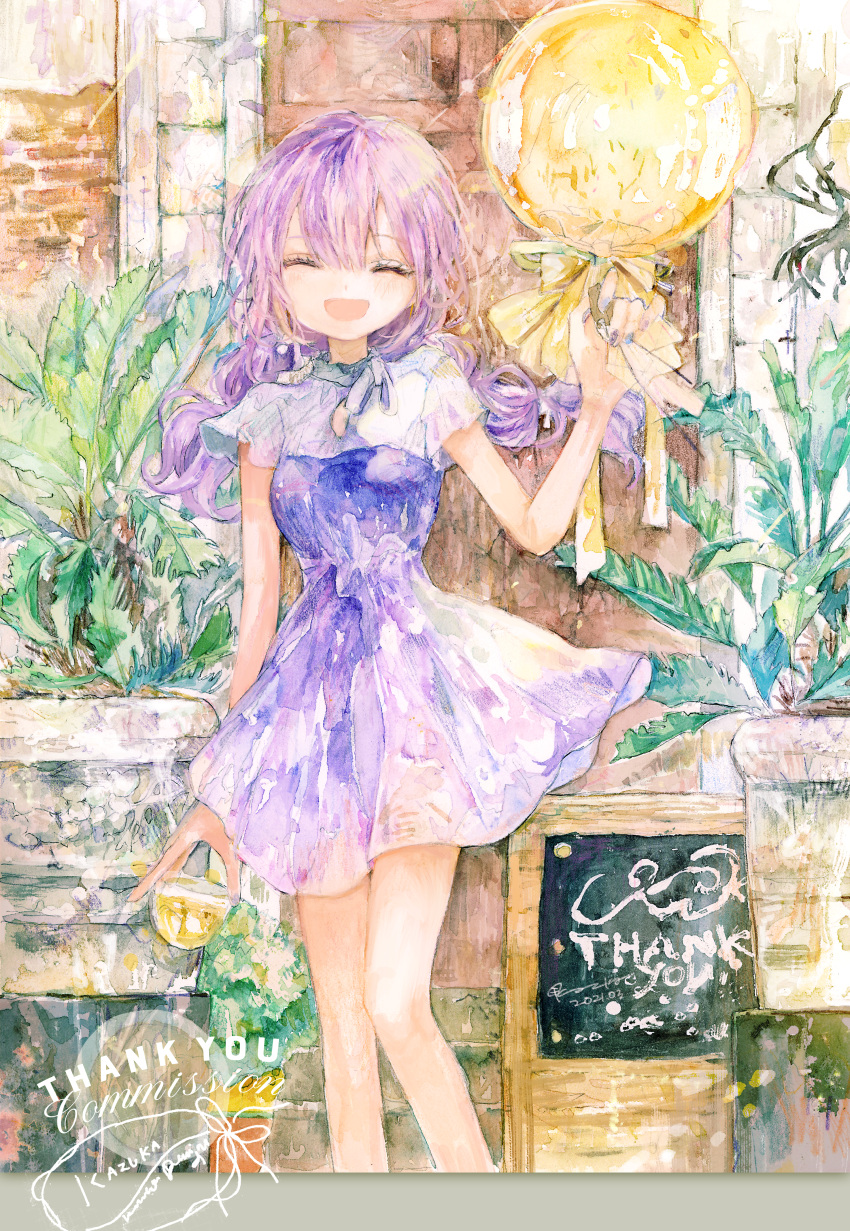 1girl :d absurdres balloon closed_eyes dress facing_viewer hair_between_eyes highres kazuka long_hair low_twintails open_mouth original painting_(medium) plant potted_plant purple_dress purple_hair purple_nails short_dress short_sleeves smile solo traditional_media twintails watercolor_(medium)