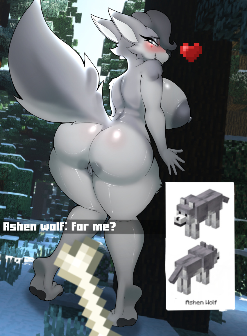 anthro areola ash_(elzorrogomita) ashen_wolf_(minecraft) big_areola big_breasts big_butt biped black_eyebrows black_nose blush bone breasts butt butt_markings canid canine canis dialogue digital_media_(artwork) elzorrogomita english_text eyebrows female female_anthro forest forest_background fur genitals grey_areola grey_body grey_eyes grey_fur grey_nipples heart_(marking) heart_symbol hi_res humanoid_genitalia humanoid_pussy looking_at_viewer mammal markings microsoft minecraft mojang nature nature_background nipples open_mouth plant pussy rear_view reference_image screencap screencap_background snow text thick_thighs tree view_from_back white_sclera wide_hips wolf wolf_(minecraft) xbox_game_studios