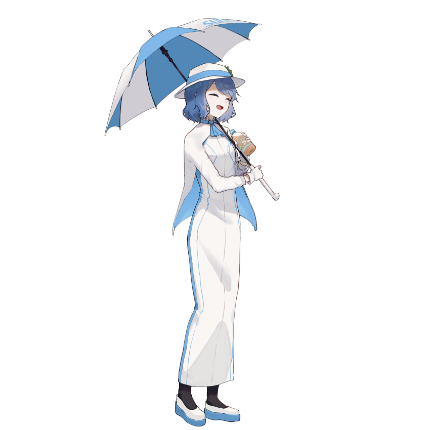 1girl :d absurdres ascot black_socks blue_ascot blue_dress blue_footwear blue_hair breasts bucket_hat closed_eyes commentary_request dress drink flower full_body gloves hand_up hat hat_flower highres holding holding_drink holding_umbrella jacket kurobeko_(kur0bek0) long_dress long_sleeves medium_breasts open_clothes open_jacket open_mouth raised_eyebrows short_hair sidelocks simple_background smile socks solo standing suntory suntory_nomu swept_bangs thick_eyelashes two-tone_dress two-tone_footwear umbrella virtual_youtuber white_background white_dress white_footwear white_gloves white_hat white_jacket