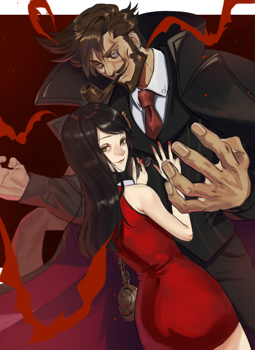 1boy 1girl bare_shoulders beard black_hair brown_hair dress facial_hair guilty_gear highres holding holding_smoking_pipe husband_and_wife long_hair monocle mustache nail_polish necktie pipe_in_mouth red_dress sharon_(guilty_gear) short_hair slayer_(guilty_gear) smile smoking_pipe tight_clothes tight_dress udakyo vampire