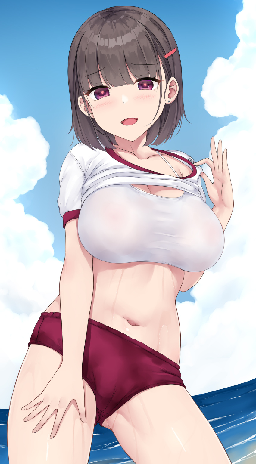 1girl absurdres black_hair blue_sky blush breasts buruma cleavage cloud collarbone day gym_shirt gym_uniform hair_ornament hairclip heart heart-shaped_pupils highres large_breasts lifted_by_self looking_at_viewer mizunashi_kenichi navel ocean original outdoors red_buruma red_eyes shirt short_hair short_sleeves sky smile solo sports_bra sweat symbol-shaped_pupils wet white_shirt white_sports_bra