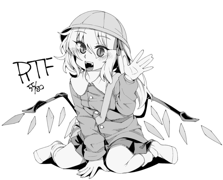 :d bag bangs between_legs blush buttons commentary_request eyebrows_visible_through_hair fangs flandre_scarlet full_body greyscale hair_between_eyes hand_between_legs hand_up hat kindergarten_uniform long_hair long_sleeves monochrome no_shoes open_mouth satchel school_hat shamo_(koumakantv) side_ponytail simple_background sitting skirt slit_pupils smile socks solo touhou wariza white_background