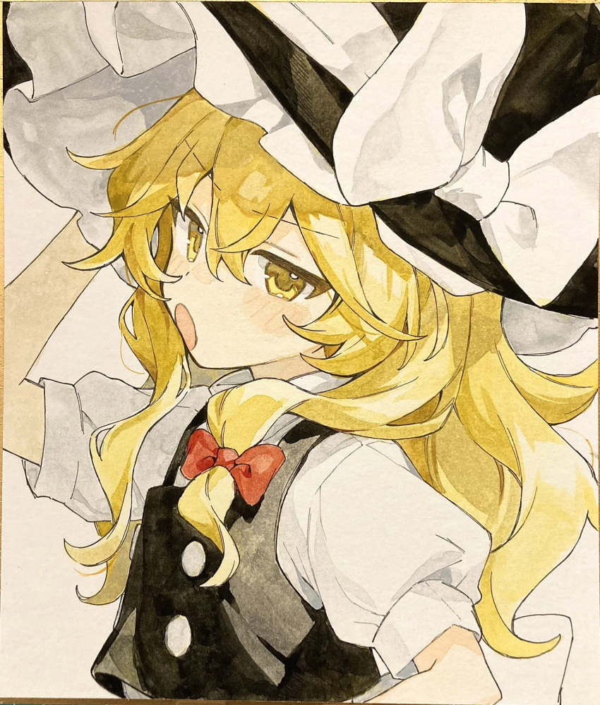 1girl :o black_hat black_vest blonde_hair blush_stickers bow braid colored_eyelashes commentary from_side frown hair_between_eyes hair_bow hand_up hat hat_bow highres jill_07km kirisame_marisa long_hair looking_at_viewer open_mouth photo_(medium) puffy_short_sleeves puffy_sleeves red_bow shikishi shirt short_sleeves simple_background single_braid solo symbol-only_commentary touhou traditional_media tsurime upper_body v-shaped_eyebrows vest white_background white_bow white_shirt witch_hat yellow_eyes