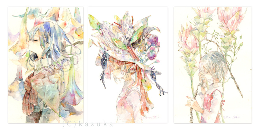 3girls blue_hair closed_eyes collage flower from_side grey_hair hat highres kazuka long_hair multiple_girls orange_hair original painting_(medium) phone ponytail shirt short_hair traditional_media turtleneck upper_body watercolor_(medium) white_shirt