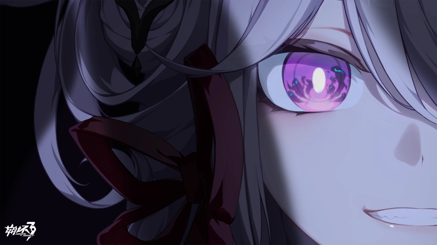 1girl bright_pupils close-up closed_mouth copyright_name grey_hair highres honkai_(series) honkai_impact_3rd logo official_art purple_eyes red_ribbon ribbon second-party_source thelema_(honkai_impact) white_pupils