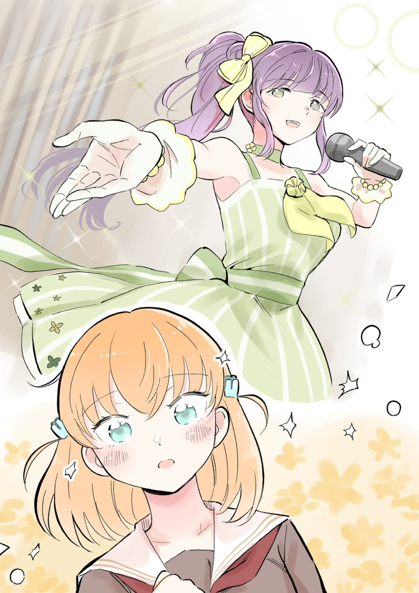 2girls :d :o awestruck blush bow cerise_bouquet choker collarbone commentary_request dancing dress erako9 frilled_gloves frills gloves grace_phrase_(love_live!) green_choker green_dress green_eyes hair_bow hair_bun hand_on_own_chest highres hinoshita_kaho holding holding_microphone idol link!_like!_love_live! long_hair love_live! microphone multiple_girls music open_mouth otomune_kozue outstretched_arm pale_color purple_hair side_ponytail sidelocks singing single_side_bun sleeveless sleeveless_dress smile sparkle stage striped_clothes striped_dress teeth upper_teeth_only vertical-striped_clothes vertical-striped_dress virtual_youtuber waist_bow white_gloves yellow_bow