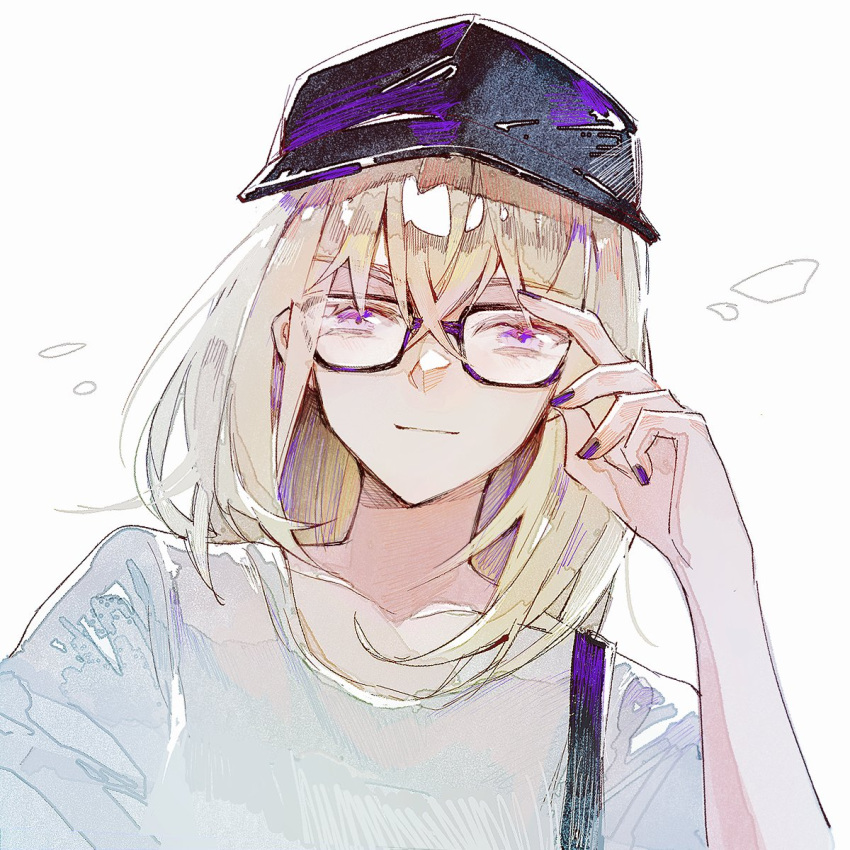 1girl bang_dream! bang_dream!_it's_mygo!!!!! baseball_cap black_hair blonde_hair closed_mouth commentary glasses hand_up hashtag-only_commentary hat highres long_hair looking_at_viewer misumi_uika purple_eyes purple_nails reiboubyou shirt simple_background smile solo upper_body white_background white_shirt