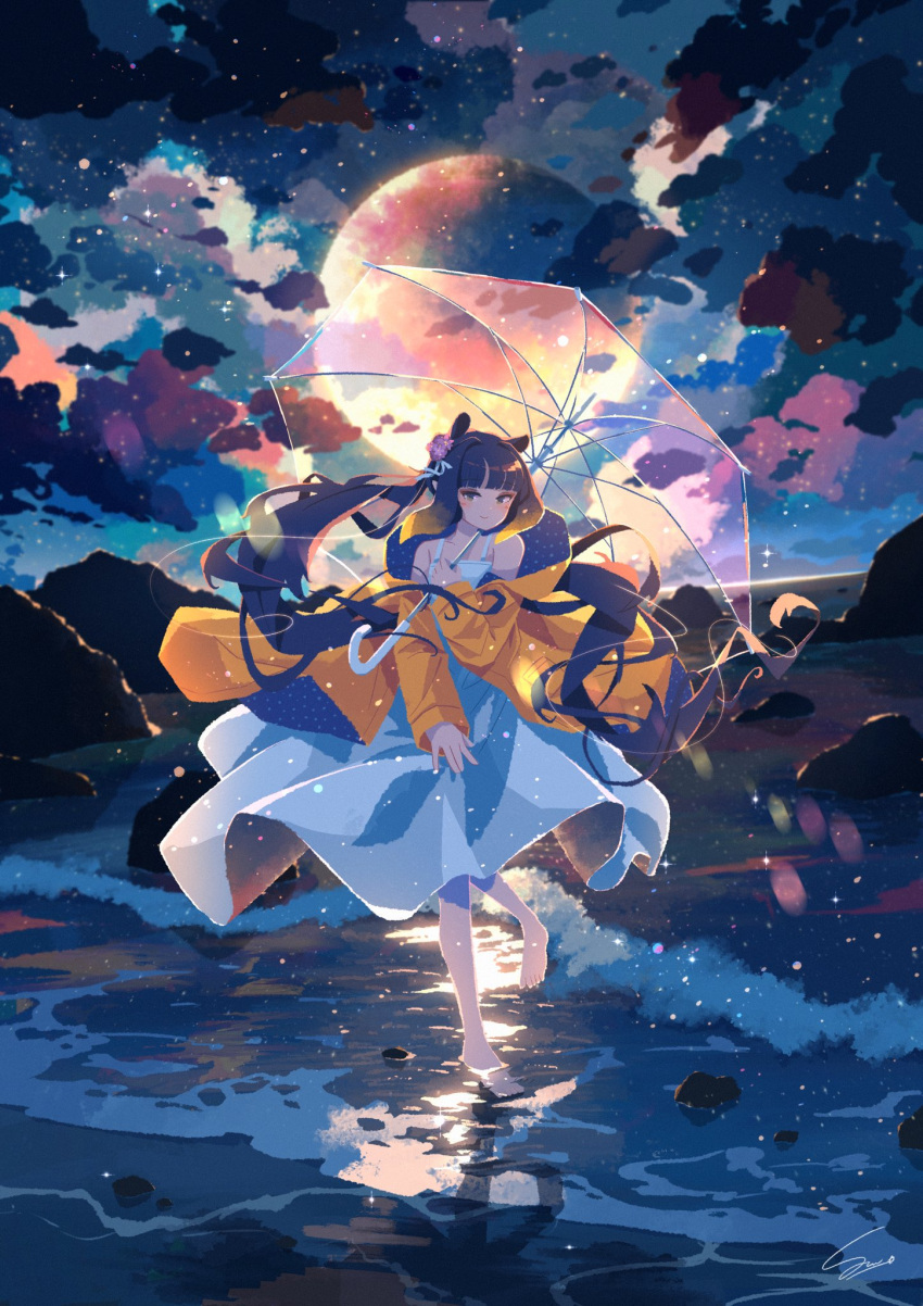 1girl atelier_umiyury barefoot blunt_bangs cloud cloudy_sky commentary dress flower hair_flower hair_ornament highres holding holding_umbrella hololive hololive_english jacket light_smile long_hair looking_at_viewer moon night night_sky ninomae_ina'nis official_alternate_costume orange_jacket outdoors purple_hair raincoat reflection sky solo tentacle_hair transparent transparent_umbrella umbrella very_long_hair virtual_youtuber wading water waves white_dress