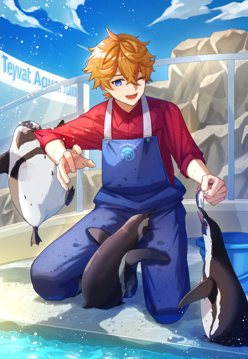 1boy absurdres bird blue_eyes blue_overalls genshin_impact gloves hair_between_eyes highres long_sleeves male_focus one_eye_closed open_mouth orange_hair overalls penguin pull red_shirt riyoi shirt short_hair smile solo tartaglia_(genshin_impact) water zoo