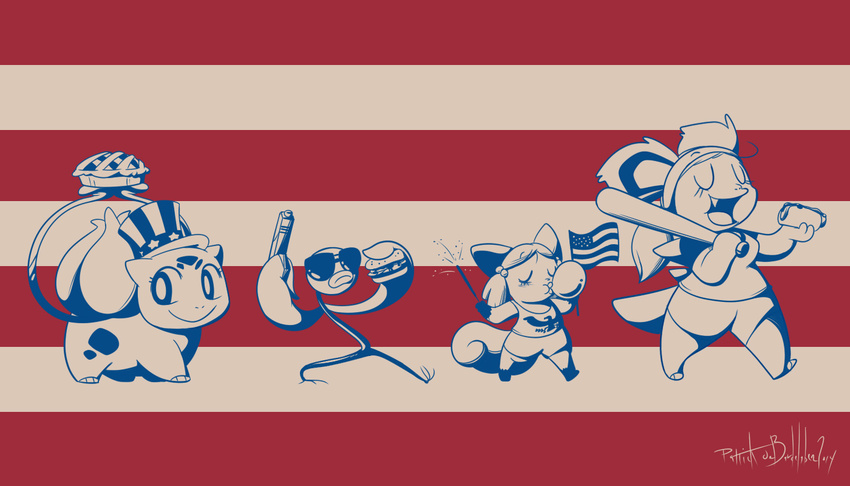 4th_of_july 7:4 american_flag aquabunny baseball_bat bat_(object) bellsprout blowing_bubble_gum bubble bubble_gum bulba bulbasaur burger candy canid canine clothing creature_print dessert dual_holding eyewear female feral fireworks flag flag_(object) food generation_1_pokemon group gum gun handgun hat headgear headwear holding_bat holding_burger holding_flag holding_food holding_gun holding_object holding_ranged_weapon holding_sparkler holding_weapon holidays hot_dog inflating male mammal multi_tail nidorina nini_(abgallery) nintendo pastry pie pistol pixie_(aquabunny) pokemon pokemon_(species) print_clothing print_shirt print_topwear ranged_weapon shirt sparkler sunglasses tail topwear united_states_of_america vulpix weapon young